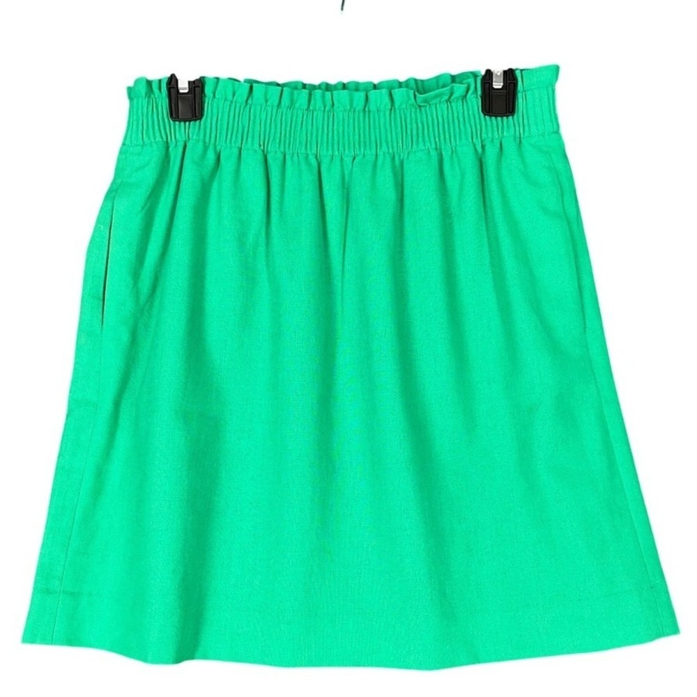 J Crew Paperbag Waist‎ Mini Skirt Size 4 Green Linen Coastal Polished Clean Girl